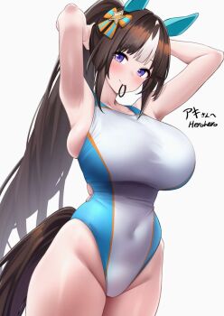 Rule 34 | 1girl, animal ears, aqua bow, aqua one-piece swimsuit, armpits, arms behind head, arms up, bow, breasts, brown hair, commentary request, commission, covered navel, cowboy shot, hair bow, hair tie in mouth, herohero (higashi no dou), hokko tarumae (umamusume), horse ears, horse girl, horse tail, large breasts, long hair, looking at viewer, mouth hold, multicolored hair, one-piece swimsuit, purple eyes, signature, simple background, skeb commission, solo, standing, streaked hair, swimsuit, tail, two-tone bow, two-tone one-piece swimsuit, tying hair, umamusume, very long hair, white background, white hair, white one-piece swimsuit, yellow bow