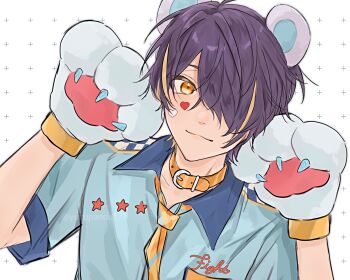 1boy animal_ears animal_hands bear_ears belt belt_buckle belt_collar blonde_hair buckle claws closed_mouth collar collared_shirt commentary ensemble_stars! gloves hair_over_one_eye hands_up heart heart_sticker highres kuma_kuma_resq_(ensemble_stars!) looking_at_viewer male_focus multicolored_necktie necktie one_eye_covered orange_belt orange_necktie paw_gloves purple_hair sengoku_shinobu shirt short_hair short_sleeves smile solo star_(symbol) sticker symbol-only_commentary upper_body yellow_eyes yuzupanda