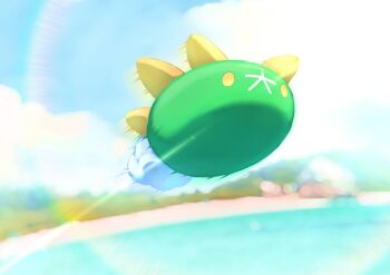 alternate_color commentary_request day full_body gen_7_pokemon looking_ahead motion_blur nintendo no_humans omega_takai outdoors pokemon pokemon_(creature) pyukumuku shiny_pokemon solo yellow_eyes