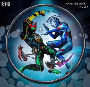 2boys alien ankh_(ooo) arm_up armor armored_bodysuit artist_name beliarok black_armor black_bodysuit black_skin blue_background blue_eyes blue_skin bodysuit breastplate color_timer colored_skin commentary compound_eyes core_medal crossed_wrists crossover disembodied_hand dorsal_fin english_text from_side full_body gauntlets glowing glowing_eyes gradient_background gradient_eyes green_eyes helmet highres kamen_rider kamen_rider_ooo kamen_rider_ooo_(series) kamen_rider_ooo_(tatoba_combo) knee_up looking_at_another multicolored_eyes multicolored_skin multiple_boys obakelope0530 ooo_driver pectorals power_armor red_skin silver_skin sword tokusatsu toned toned_male trait_connection two-tone_eyes ultra_beam ultra_series ultraman_z ultraman_z_(original) ultraman_z_(series) weapon white_eyes wrinkled_skin