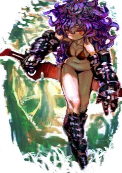 Rule 34 | 1girl, armored boots, bikini, black bikini, boots, breasts, expressionless, full body, gauntlets, highres, holding, holding sword, holding weapon, jonpei, long hair, looking at viewer, navel, orange eyes, original, purple hair, sketch, small breasts, solo, swimsuit, sword, wavy hair, weapon