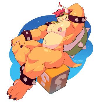 Rule 34 | 1boy, ? block, absurdres, anklet, armlet, artist name, ass, bara, belly, biceps, bowser, bracelet, claws, commentary, crown, demure303, english commentary, fangs, furry, furry male, grin, highres, horns, jewelry, looking at viewer, mario (series), muscular, muscular male, nintendo, nipple piercing, nipples, nude, pectorals, piercing, red hair, smile, spiked anklet, spiked armlet, spiked bracelet, spiked shell, spikes, tail, topless male