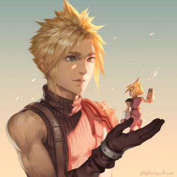 2boys black_gloves black_shirt blonde_hair blue_eyes closed_mouth cloud_strife commentary english_commentary final_fantasy final_fantasy_vii final_fantasy_vii_remake gloves holding holding_mini_person looking_at_another lydialing_draws male_focus mini_person miniboy multiple_boys parted_bangs shirt short_hair single_shoulder_pad sleeveless sleeveless_shirt sleeveless_turtleneck spiked_hair suspenders turtleneck upper_body