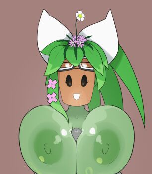 1girl animated animated_gif blaster_master_zero blaster_master_zero_2 blush breasts colored_skin erection flower flower_on_head green_hair green_skin huge_breasts kanna_(blaster_master_zero) large_areolae mdthetest monster_girl nipples paizuri penis uncensored