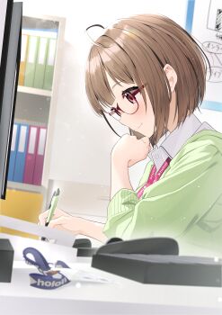1girl absurdres ahoge borumete brown_hair cardigan closed_mouth collared_shirt commentary_request computer_keyboard computer_mouse from_side glasses green_cardigan hand_up harusaki_nodoka harusaki_nodoka_(1st_costume) highres holding holding_pen hololive id_card indoors lanyard monitor office office_lady pen pink_eyes semi-rimless_eyewear shirt short_hair smile solo virtual_youtuber white_shirt writing