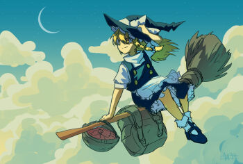 1girl apron backpack bag basket black_hat black_skirt black_vest blonde_hair bow braid broom broom_riding closed_mouth cloud commentary_request crescent_moon doggo_1d34 frilled_skirt frills hair_bow hat hat_bow highres kirisame_marisa long_hair moon puffy_short_sleeves puffy_sleeves short_sleeves side_braid signature single_braid skirt smile socks solo touhou vest waist_apron white_apron white_bow white_socks witch_hat yellow_eyes