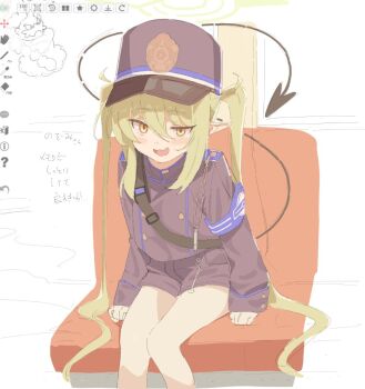 1girl art_program_in_frame black_jacket blue_archive buttons demon_tail double-breasted fang green_hair green_halo halo hat high-waist_shorts jacket long_hair looking_at_viewer nozomi_(blue_archive) okimiyage_(oitekuze_kore) pantyhose peaked_cap pointy_ears short_shorts shorts simple_background sitting skin_fang smile solo tail twintails uneven_eyes white_background white_pantyhose yellow_eyes