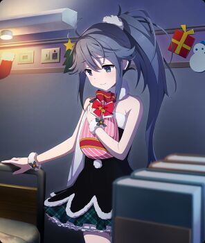 Rule 34 | 1girl, armpit crease, bag, bare shoulders, black dress, black hair, blue eyes, blurry, blurry foreground, book, bow, bowtie, bracelet, christmas, closed mouth, cowboy shot, dot nose, dress, fur-trimmed dress, fur bracelet, fur collar, fur trim, game cg, green skirt, hair ornament, hair scrunchie, hand on own chest, high ponytail, holding, holding bag, indoors, jewelry, layered skirt, long hair, official art, pink bag, pink pupils, pinstripe pattern, plaid clothes, plaid skirt, ponytail, red bow, red bowtie, scrunchie, skirt, smile, solo, third-party source, toji no miko, toji no miko: kizamishi issen no tomoshibi, very long hair, white scrunchie, white skirt, yamashiro yui