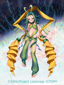 1girl antenna_hair blush closed_mouth copyright_notice dqn_(dqnww) fingerless_gloves flat_chest gloves green_eyes green_gloves green_hair green_shorts green_tube_top looking_at_viewer looking_to_the_side medium_hair midoriko_(wixoss) navel official_art short_shorts shorts sidelocks solo strapless tube_top wixoss