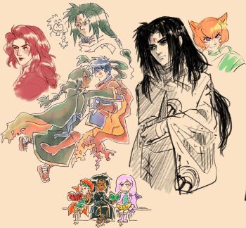 Rule 34 | 3boys, 3girls, alt text, alternate hair color, alternate skin color, animal ears, blue hair, book, cat ears, cat girl, commentary, dark-skinned male, dark skin, english commentary, facial mark, fire emblem, fire emblem: path of radiance, forehead mark, headband, highres, holding, holding book, ike (fire emblem), ilyana (fire emblem), lethe (fire emblem), long hair, multiple boys, multiple girls, multiple views, nintendo, orange hair, purple hair, red eyes, red hair, short hair, sketch, soren (fire emblem), spectacledraws, titania (fire emblem), tormod (fire emblem)