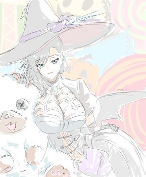 1girl black_hair bleach bleach:_brave_souls breasts burn_the_witch collarbone corset dress hand_on_own_hip hat highres large_breasts long_dress long_hair looking_at_viewer mitsugu niihashi_noel official_alternate_costume puffy_sleeves stuffed_animal stuffed_toy wings witch witch_hat