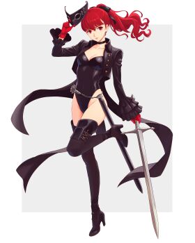 1girl absurdres black_boots black_choker black_jacket black_leotard black_mask black_ribbon boots bow breasts choker cleavage commentary english_commentary frilled_sleeves frills full_body gloves hair_bow hair_ribbon high_heel_boots high_heels highres holding holding_mask holding_sword holding_weapon jacket knee_boots leotard long_hair long_sleeves looking_at_viewer mask medium_breasts parted_lips persona persona_5 persona_5_the_royal ponytail red_eyes red_gloves red_hair ribbon scabbard sheath simple_background smile solo sword truejekart violet_(persona_5) weapon yoshizawa_kasumi