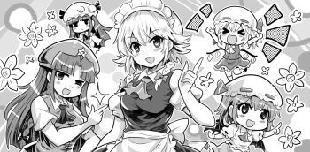 >_< 5girls apron ascot bat_wings braid breasts colonel_aki commentary_request crescent crescent_hat_ornament crystal crystal_wings dress flandre_scarlet greyscale hat hat_ornament hat_ribbon hong_meiling izayoi_sakuya long_hair maid maid_headdress mob_cap monochrome multiple_girls one_side_up open_mouth patchouli_knowledge puffy_short_sleeves puffy_sleeves remilia_scarlet ribbon short_sleeves siblings sisters small_breasts smile star_(symbol) star_hat_ornament touhou twin_braids very_long_hair vest waist_apron wings