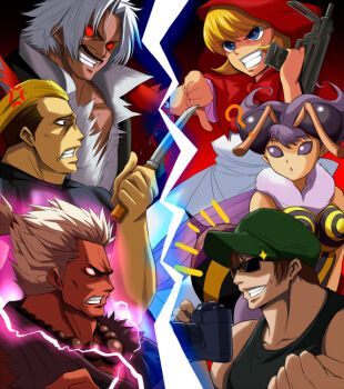 Rule 34 | 3boys, 3girls, abdomen tail, akuma (street fighter), arthropod girl, aura, b.b. hood, black facial hair, blonde hair, camera, capcom vs. snk 2, darkstalkers, electricity, extra eyes, facial hair, fatal fury, fur collar, glowing, god rugal, gun, higurashi no naku koro ni, holding, holding camera, holding gun, holding knife, holding weapon, insect wings, knife, lightning, looking at another, looking to the side, m.u.g.e.n, multiple boys, multiple girls, no~ma, q-bee, red eyes, rugal bernstein, shin akuma, shirt, smile, stare down, street fighter, submachine gun, sunglasses, the king of fighters, tight clothes, tight shirt, tomitake jirou, weapon, white hair, wings, yamazaki ryuuji