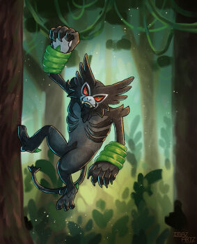 artist_name claws colored_sclera commentary english_commentary fangs forest full_body gen_8_pokemon green_eyes imazartz leaf mythical_pokemon nature nintendo nostrils outdoors plant pokemon pokemon_(creature) pokemon_focus red_sclera sharp_teeth solo teeth vines zarude