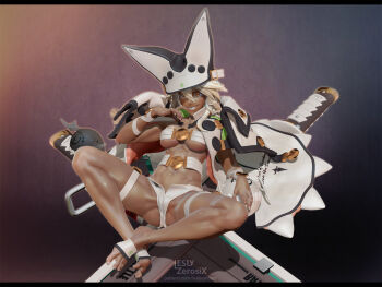 1girl 3d ass bad_id bad_pixiv_id barefoot belt_bra blonde_hair breasts cameltoe cleavage dark-skinned_female dark_skin feet female_focus grin guilty_gear guilty_gear_xrd hat highres leslyzerosix letterboxed long_hair navel no_shoes orange_eyes ramlethal_valentine sharp_teeth sheath sheathed shorts sitting smile solo spread_legs sword teeth toes weapon