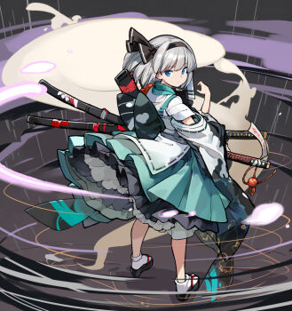 1girl alternate_costume asakura_maru black_hairband black_sandals clothing_request commentary_request green_eyes green_skirt grey_hair hairband hitodama katana konpaku_youmu konpaku_youmu_(ghost) looking_at_viewer looking_back multiple_swords platform_sandals ribbon_trim sandals sheath sheathed skirt socks solo sword touhou weapon white_socks