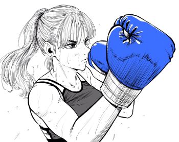 1girl boxing boxing_gloves breasts commentary_request fighting_stance greyscale hatching_(texture) highres lee_(dragon_garou) medium_breasts monochrome motion_lines original ponytail punching serious solo sports_bra spot_color sweat toned toned_female upper_body uppercut
