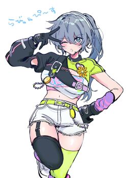 1girl :o aqua_eyes arm_warmers asymmetrical_footwear asymmetrical_legwear asymmetrical_sleeves belt black_gloves black_thighhighs blush breasts charm_(object) commentary crop_top curvy detached_collar ensemble_stars! flower_ornament garter_straps genderswap genderswap_(mtf) gloves green_belt grey_hair hair_between_eyes hand_on_own_hip hand_up headband heart_ornament high_ponytail highres large_breasts leg_up long_hair long_sleeves looking_at_viewer mismatched_footwear murimiaru navel one_eye_closed ponytail shiina_niki shoes short_shorts short_sleeves shorts sidelocks simple_background single_garter_strap sneakers solo thick_thighs thighhighs thighs v white_background white_headband white_shoes white_shorts white_thighhighs