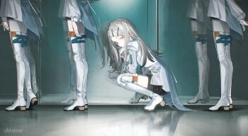 4girls absurdres artist_name black_shorts boots closed_mouth colored_eyelashes commentary_request earrings flipped_hair from_side full_body gakuen_idolmaster gradient_hair grey_hair hair_ornament hairclip hajime_(idolmaster) head_on_hand head_rest high_heel_boots high_heels highres idolmaster jewelry long_hair long_sleeves looking_at_viewer multicolored_hair multiple_girls multiple_persona orange_eyes parallel_hairclips parted_bangs reflection shinosawa_hiro shirt shorts siotanikun squatting standing stud_earrings thigh_boots white_boots white_shirt