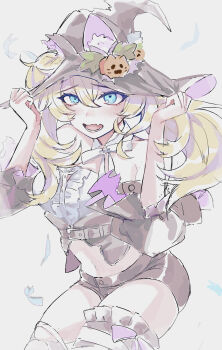 1girl absurdres bandaged_leg bandages bare_shoulders black_shorts blonde_hair blue_eyes blush breasts detached_sleeves fang gambier_bay_(halloween)_(kancolle) gambier_bay_(kancolle) gambier_bay_mk_ii_(kancolle) hagioshi hair_between_eyes halloween_costume hat hat_ornament highres jack-o&#039;-lantern_hat_ornament kantai_collection long_hair looking_at_viewer midriff navel open_mouth short_shorts shorts simple_background skin_fang solo thighhighs torn_clothes torn_hat witch_hat