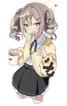 1girl aroha_j black_ribbon black_skirt blonde_hair blue_archive blush brown_eyes brown_hair cardigan coffee cropped_legs cup drill_hair hair_ornament hair_ribbon hairclip halo highres holding holding_cup long_sleeves looking_at_viewer mug multicolored_hair neck_ribbon open_mouth rena_(blue_archive) ribbon shirt simple_background skirt solo streaked_hair twintails white_background white_shirt x_hair_ornament yellow_cardigan