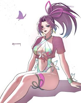 1girl absurdres breasts butterfly_cutout butterfly_ornament cleavage commentary_request green_one-piece_swimsuit hair_ribbon highres large_breasts long_hair looking_at_viewer marvel marvel_rivals navel official_alternate_costume one-piece_swimsuit pannaaq ponytail psylocke psylocke_(breezy_butterfly) purple_hair ribbon smile solo swimsuit x-men