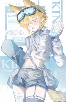 1boy absurdres alternate_costume alternate_hairstyle animal_ears aotu_world asymmetrical_legwear bag bandaged_leg bandages bandaid bandaid_on_face bandaid_on_nose bishounen black_gloves black_thighhighs blonde_hair blue_eyes blush character_name chinese_commentary cowboy_shot crop_top cropped_jacket cup disposable_cup drink drinking_straw earrings english_text fang fingerless_gloves fox_boy fox_ears fox_tail fur-trimmed_jacket fur_trim garter_straps gloves goggles goggles_on_head grey_arm_warmers grey_bag grey_jacket grey_shirt grey_shorts grey_thighhighs hair_between_eyes hair_ornament hairclip highres holding holding_cup holding_drink holding_skateboard jacket jewelry kemonomimi_mode king_(aotu_world) long_sleeves looking_at_viewer low_ponytail male_focus midriff navel open_mouth plutoray pointy_ears ponytail shirt short_hair short_ponytail shorts shoulder_bag skateboard smile solo sparkle tail thighhighs trap zettai_ryouiki