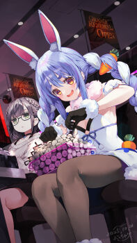 2girls absurdres animal_ears artist_name bare_shoulders black_gloves blue_hair braid brown_hair brown_pantyhose bucchake_(asami) carrot_hair_ornament coin commentary_request dated english_text expressionless feet_out_of_frame food-themed_hair_ornament glasses gloves green_eyes hair_ornament highres hololive indoors long_hair multicolored_hair multiple_girls off-shoulder_shirt off_shoulder open_mouth orange_eyes pantyhose rabbit_ears rabbit_girl shirogane_noel shirogane_noel_(casual) shirt sitting smile twin_braids twintails two-tone_hair usada_pekora usada_pekora_(1st_costume) virtual_youtuber