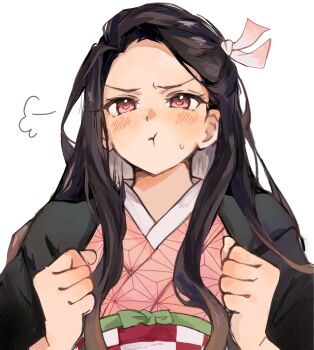 Rule 34 | 1girl, :t, annoyed, baru 4416, black hair, blush, clenched hands, commentary request, hair ribbon, highres, japanese clothes, kamado nezuko, kimetsu no yaiba, kimono, long hair, looking at viewer, pink eyes, pink kimono, pink ribbon, pout, ribbon, sash, simple background, solo, upper body, white background