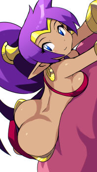 Rule 34 | 1girl, ass, bandeau, bare shoulders, blue eyes, bracer, breasts, butt crack, cait aron, circlet, cleavage, dark-skinned female, dark skin, earrings, harem pants, highres, hoop earrings, jewelry, long hair, looking at viewer, lying, medium breasts, on stomach, pants, pointy ears, purple hair, shantae, shantae (series), smile, solo