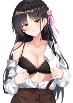 parallel_hairclips absurdres black_bra black_hair blush bra braid breasts brown_skirt cafe_stella_to_shinigami_no_chou cleavage collarbone collared_shirt commentary_request cowboy_shot earrings eyes_visible_through_hair floral_print floral_print_bra flower frown furrowed_brow hair_behind_ear hair_between_eyes hair_flower hair_ornament hair_over_shoulder hair_ribbon hairclip hands_up highres jewelry lace lace-trimmed_bra lace_trim large_breasts lingerie long_hair long_sleeves looking_at_viewer mole mole_under_eye nodoameyatou open_clothes open_shirt parted_lips partial_commentary pink_flower pink_ribbon pink_rose print_bra ribbon rose rose_print shiki_natsume shirt side_braid simple_background single_bare_shoulder skirt straight_hair strap_slip stud_earrings suspender_skirt suspenders tsurime underwear undressing very_long_hair white_background white_shirt yellow_eyes