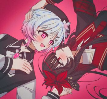 2girls armband black_choker black_hair black_hat black_shirt choker commentary_request commission flower gradient_hair hair_flower hair_ornament hand_on_another&#039;s_head hands_up hat korean_commentary long_hair long_sleeves looking_at_another lying mahou_shoujo_no_majo_saiban mood_comm2 multicolored_hair multiple_girls necktie nikaido_hiro on_back open_mouth parted_lips pink_background pink_eyes red_armband red_eyes red_flower red_necktie rotational_symmetry sakuraba_ema second-party_source shirt short_hair smile upper_body upside-down white_flower white_hair x_hair_ornament