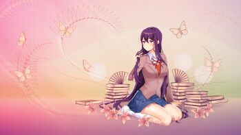 1girl blue_skirt blush book breasts bug butterfly closed_mouth collared_shirt commentary doki_doki_literature_club doki_doki_literature_club_school_uniform dot_mouth english_commentary flower full_body grass grey_jacket hair_between_eyes hair_ornament hairclip hand_fan hand_in_own_hair highres insect jacket kneeling long_hair long_sleeves looking_to_the_side neck_ribbon official_art orange_sweater_vest orange_vest purple_eyes purple_hair red_ribbon ribbon satchely school_uniform shirt shoes skirt socks solo sweater_vest third-party_source vest white_shirt white_shoes white_socks yuri_(doki_doki_literature_club)