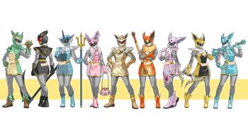 Rule 34 | bag, boots, bow (weapon), club (weapon), cosplay, crossed arms, eevee, eevee (cosplay), espeon, espeon (cosplay), flareon, flareon (cosplay), gen 1 pokemon, gen 2 pokemon, gen 4 pokemon, gen 6 pokemon, glaceon, glaceon (cosplay), hammer, handbag, hands on own hips, helmet, highres, holding, holding weapon, jolteon, jolteon (cosplay), leafeon, leafeon (cosplay), mask, nintendo, over shoulder, pokemon, polearm, power rangers, scythe, skirt, spiked knuckles, staff, standing, sylveon, sylveon (cosplay), to ze, tokusatsu, trident, umbreon, umbreon (cosplay), vaporeon, vaporeon (cosplay), weapon, weapon over shoulder