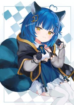 1girl :3 ahoge animal_ears black_gloves blue_hair blue_skirt blunt_bangs blush chromashift closed_mouth commentary english_commentary gloves hair_ornament hairclip heart heart_ahoge highres hood hood_down leaf_hair_ornament long_sleeves poko_rakun raccoon_ears raccoon_girl raccoon_tail second-party_source sitting skirt smile solo tail thighhighs twitter_username ume_(plumblossom) virtual_youtuber white_thighhighs yellow_eyes
