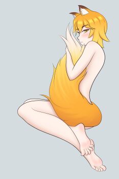 1girl 2025 animal_ear_fluff animal_ears back barefoot blonde_hair blush closed_mouth commentary completely_nude english_commentary feet fox fox_ears fox_girl fox_tail grey_background half-closed_eyes highres kneeling looking_at_viewer looking_to_the_side nude rogerice senko_(sewayaki_kitsune_no_senko-san) sewayaki_kitsune_no_senko-san short_hair simple_background soles solo tail toes yellow_eyes