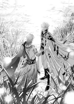 Rule 34 | 2boys, 7-river, ankle boots, antenna hair, arm tattoo, back tattoo, black boots, black choker, black coat, black gloves, black shirt, boots, cape, chinese commentary, choker, clawed gauntlets, coat, commentary request, fingerless gloves, floating cape, gloves, greyscale, highres, honkai: star rail, honkai (series), male focus, medium hair, monochrome, multiple boys, mydei (honkai: star rail), open clothes, open coat, parted bangs, phainon (honkai: star rail), shirt, short hair, side cape, tattoo, white coat, white hair