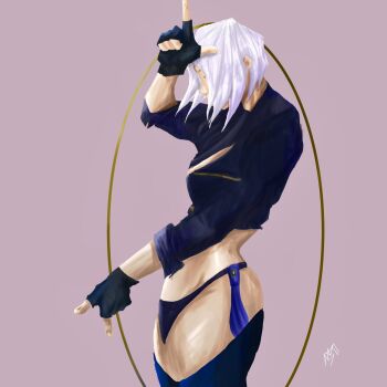 1girl angel_(kof) ass breasts female_focus gloves hands_up jacket large_breasts leather nano_nchalant pale_skin panties short_hair standing the_king_of_fighters thick_thighs thighs underwear white_hair