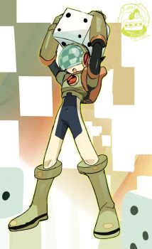 1boy armor arms_up black_bodysuit bodysuit covered_eyes dice double_soul_(mega_man) full_body green_armor helmet helmet_over_eyes highres holding holding_dice male_focus mega_man_(series) mega_man_battle_network_(series) megaman.exe netnavi numberman.exe open_mouth oversized_object solo suikaels