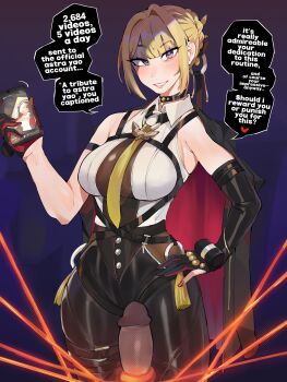 1boy 1girl absurdres astra_yao bdsm black_pants blonde_hair bondage bound breasts diforland elbow_gloves evelyn_chevalier femdom gloves high-waist_pants highres large_breasts looking_at_viewer necktie pants penis purple_eyes shiny_clothes shirt short_hair single_elbow_glove smile string tight_clothes tight_pants yellow_necktie zenless_zone_zero