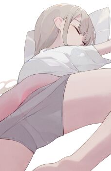 1girl ass closed_eyes clothes_pull commentary grey_hair grey_shorts highres hiroki_(yyqw7151) hugging_object long_hair original panties pillow pillow_hug pink_panties shirt shorts shorts_pull simple_background sleeping solo underwear white_background white_shirt