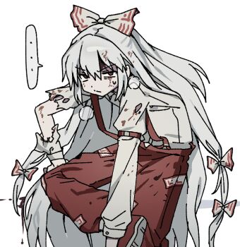 ... 1girl bow bruise dibitaki11 fujiwara_no_mokou hair_bow injury long_hair looking_at_viewer pants red_eyes red_pants shirt simple_background solo spoken_ellipsis suspenders torn_clothes torn_shirt touhou v-shaped_eyebrows white_background white_hair white_shirt