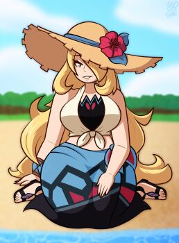 Rule 34 | 1girl, absurdres, bare shoulders, beach, blonde hair, blue sarong, blue sky, breasts, brown hat, cloud, cynthia (pokemon), cynthia (summer 2025) (pokemon), day, flower, full body, hair over one eye, hand on own thigh, hat, hat flower, high heel sandals, highres, large breasts, long hair, looking at viewer, nintendo, one eye covered, open mouth, outdoors, pokemon, pokemon masters ex, sand, sandals, sarong, shirt, sitting, skirt, sky, smile, solo, straw hat, sun hat, swimsuit, tied shirt, very long hair, wariza, wolfgangbirdie