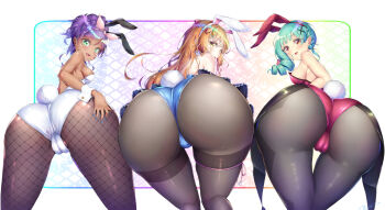 Rule 34 | 1boy, 2girls, akizora mona, androgynous, animal ears, ass, ass focus, bare shoulders, black hair, black pantyhose, blonde hair, blue leotard, blush, breasts, cameltoe, card, come hither, crossdressing, dark skin, fake animal ears, fake tail, fishnet pantyhose, fishnets, from behind, green eyes, green hair, hair ornament, heart, highres, huge ass, leaning, leaning forward, leotard, long hair, looking at viewer, looking back, multiple girls, natsusora wakana, nazuna harusora, novady, open mouth, orange hair, original, pantyhose, playboy bunny, purple hair, rabbit ears, rabbit tail, red eyes, shiny clothes, shiny skin, sideboob, smile, star (symbol), star hair ornament, tail, thick thighs, thighs, trap, very long hair, yellow eyes