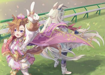 2girls ahoge animal_ears armor black_leggings blue_eyes blue_sailor_collar boots breasts brooch cape closed_mouth crown ear_ornament gold_armor gold_corset grey_hair grey_tail hair_between_eyes hair_ornament hairband highres horse_ears horse_girl horse_tail jacket jewelry leggings long_hair long_sleeves mini_crown mokuroo multicolored_hair multiple_girls multiple_rings neckerchief oguri_cap_(starlight_beat)_(umamusume) oguri_cap_(umamusume) open_mouth orange_hair orange_tail outdoors pink_cape pink_crown pleated_skirt pointing pointing_up purple_eyes red_neckerchief ring sailor_collar satsuki_sho shirt short_hair skirt smile star_brooch t.m._opera_o_(o_sole_suo!)_(umamusume) t.m._opera_o_(umamusume) tail thighhighs two-tone_skirt umamusume white_boots white_jacket white_shirt white_thighhighs