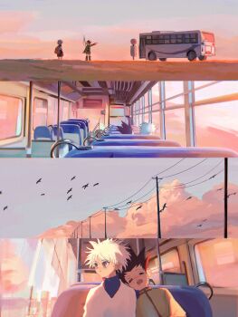 2boys absurdres black_hair bus cloud gon_freecss highres hunter_x_hunter hxhsaikaishite killua_zoldyck motor_vehicle multiple_boys outdoors sky sleeping white_hair