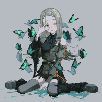 1girl absurdres asymmetrical_clothes belt black_belt black_leggings black_shirt blush breasts bug butterfly colored_eyelashes commentary_request contrast_(idolmaster) detached_leggings detached_sleeves flipped_hair floral_print floral_print_shirt floral_print_shorts full_body gakuen_idolmaster gradient_hair grey_background grey_hair grey_shirt grey_shoes grey_shorts grey_thighhighs hair_ornament hairclip hand_over_eye hand_up highres idolmaster insect lace lace-trimmed_shirt lace_trim leggings long_hair long_sleeves looking_at_viewer midriff mukai_ryuu multicolored_hair open_mouth orange_eyes orange_ribbon parallel_hairclips parted_bangs ribbon shinosawa_hiro shirt shoes shorts single_detached_sleeve sitting small_breasts smile solo thighhighs wariza