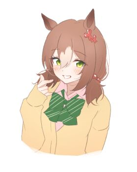1girl alternate_costume alternate_hairstyle animal_ears blush bow bowtie brown_cardigan cardigan clover_hair_ornament commentary_request diagonal-striped_bow diagonal-striped_bowtie diagonal-striped_clothes fine_motion_(umamusume) green_bow green_bowtie green_hair hair_bobbles hair_ornament highres horse_ears horse_girl katuko_deluxe long_sleeves looking_at_viewer low_twintails school_uniform shirt short_hair short_twintails simple_background smile solo striped_bow striped_bowtie striped_clothes twintails umamusume white_background white_shirt