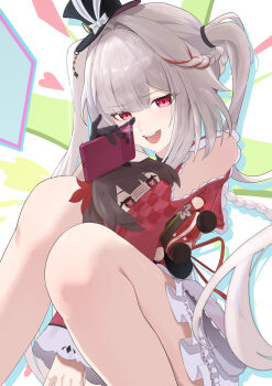 Rule 34 | 1girl, absurdres, black gloves, black hat, capelet, character doll, colorful background, commentary, doll, gloves, hat, heart, highres, holding, holding doll, holding phone, honkai: star rail, honkai (series), long hair, mini hat, mini top hat, phone, purple eyes, red capelet, skirt, smile, solo, sparkle (honkai: star rail), sparxie (honkai: star rail), thighs, top hat, twintails, very long hair, white hair, white skirt, yonemasakouta